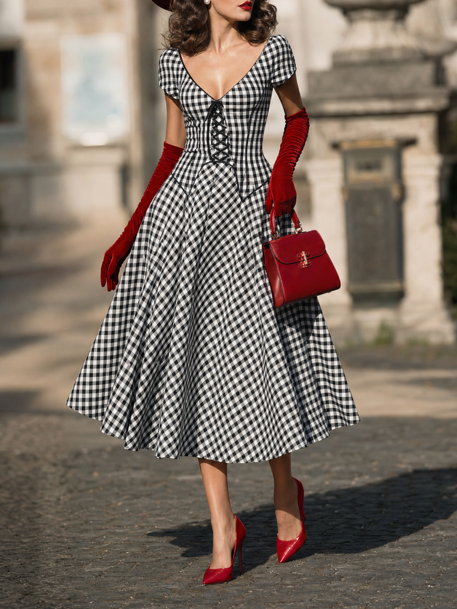 Vintage Black White Gingham Deep V Lace-Up Swing Midi Dress