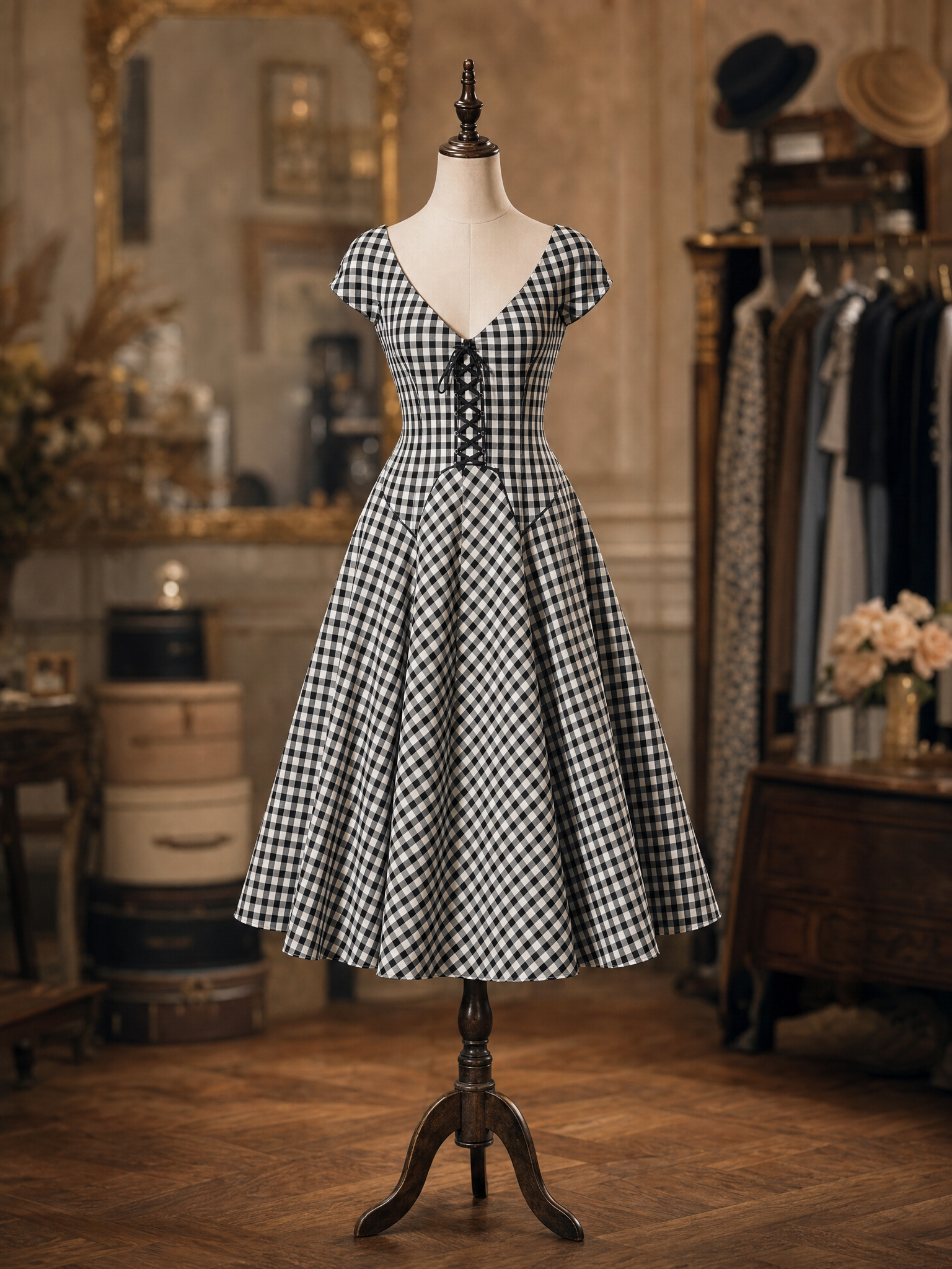 Vintage Black White Gingham Deep V Lace-Up Swing Midi Dress