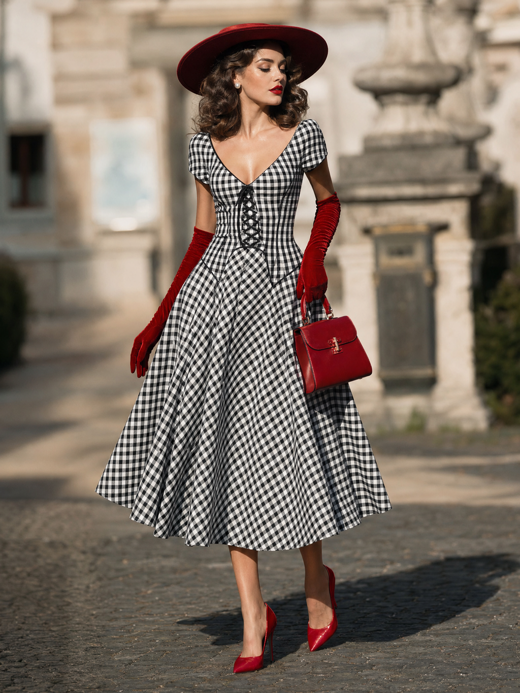 Vintage Black White Gingham Deep V Lace-Up Swing Midi Dress