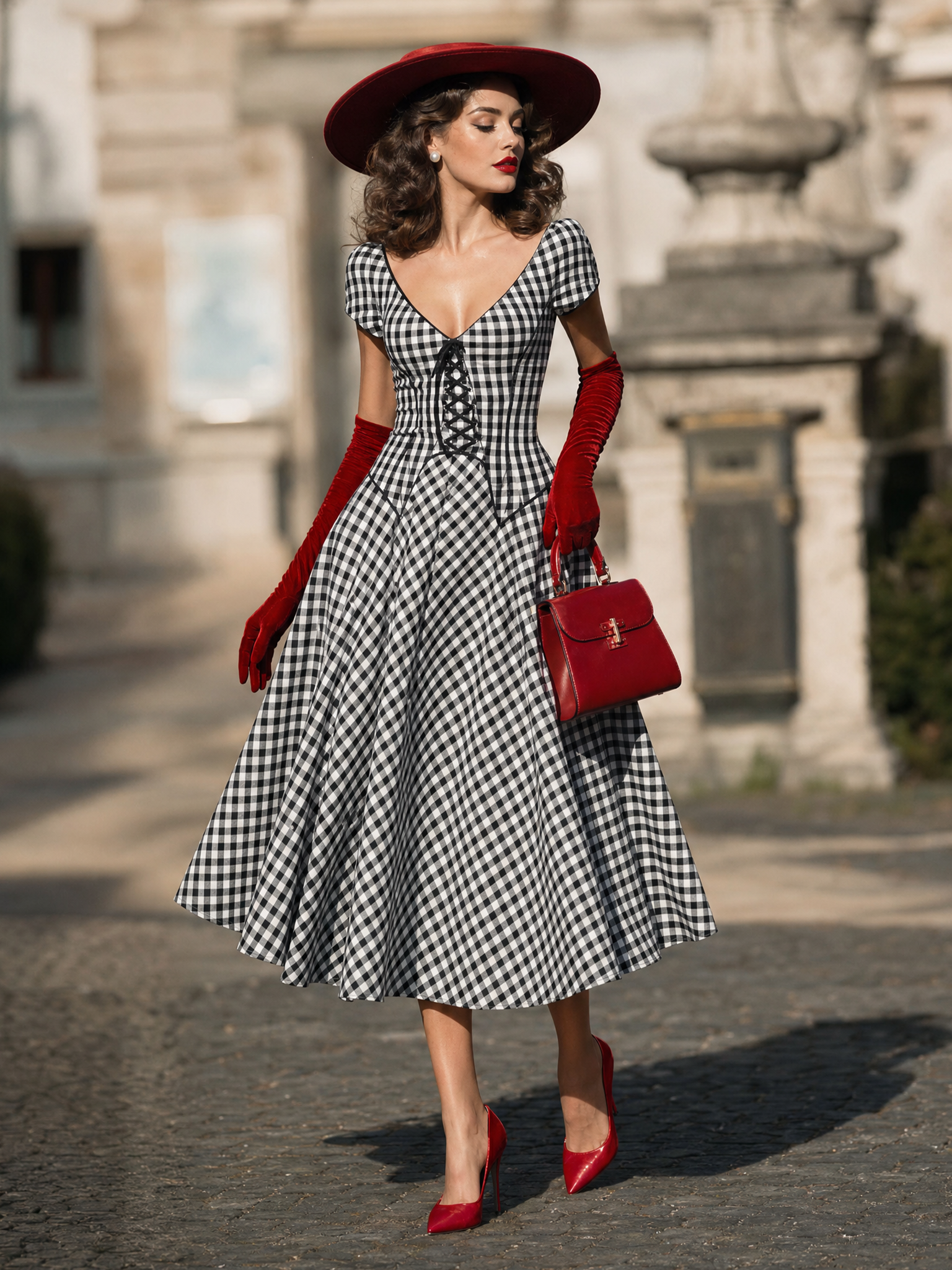 Vintage Black White Gingham Deep V Lace-Up Swing Midi Dress