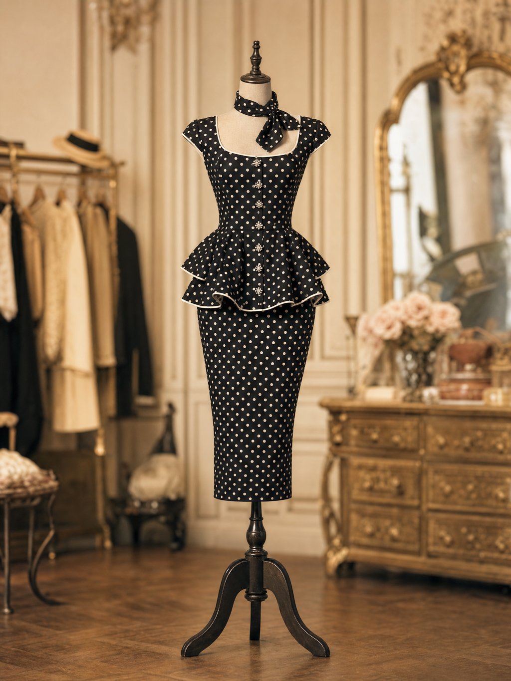 Vintage Hepburn Style Polka Dot Square Neck Peplum Bodycon Skirt Set