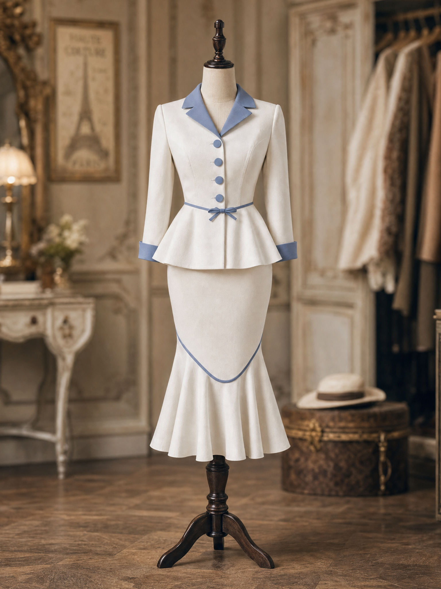 Vintage Hepburn Contrast Collar Belted Blazer Midi Skirt Set