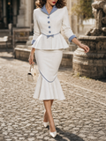 Vintage Hepburn Contrast Collar Belted Blazer Midi Skirt Set