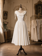 Vintage Champagne Satin Dress With Ribbon Straps Bridal Midi Dress