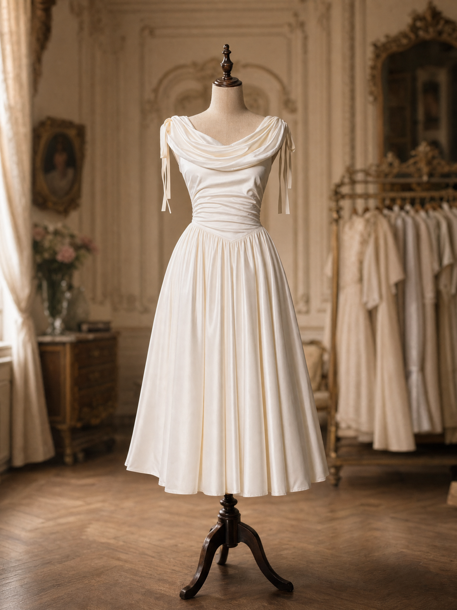 Vintage Champagne Satin Dress With Ribbon Straps Bridal Midi Dress