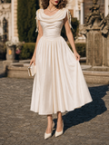 Vintage Champagne Satin Dress With Ribbon Straps Bridal Midi Dress
