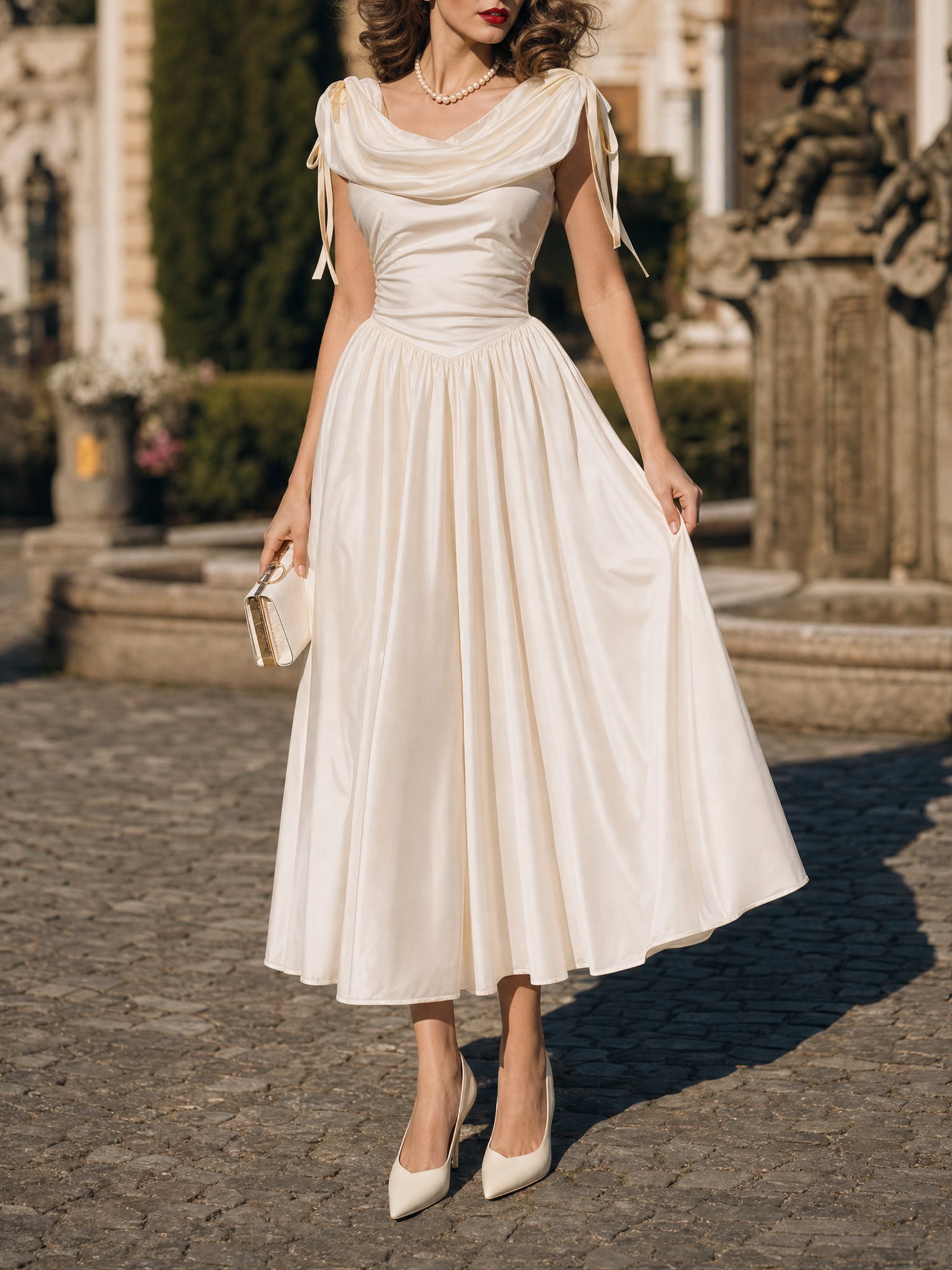 Vintage Champagne Satin Dress With Ribbon Straps Bridal Midi Dress