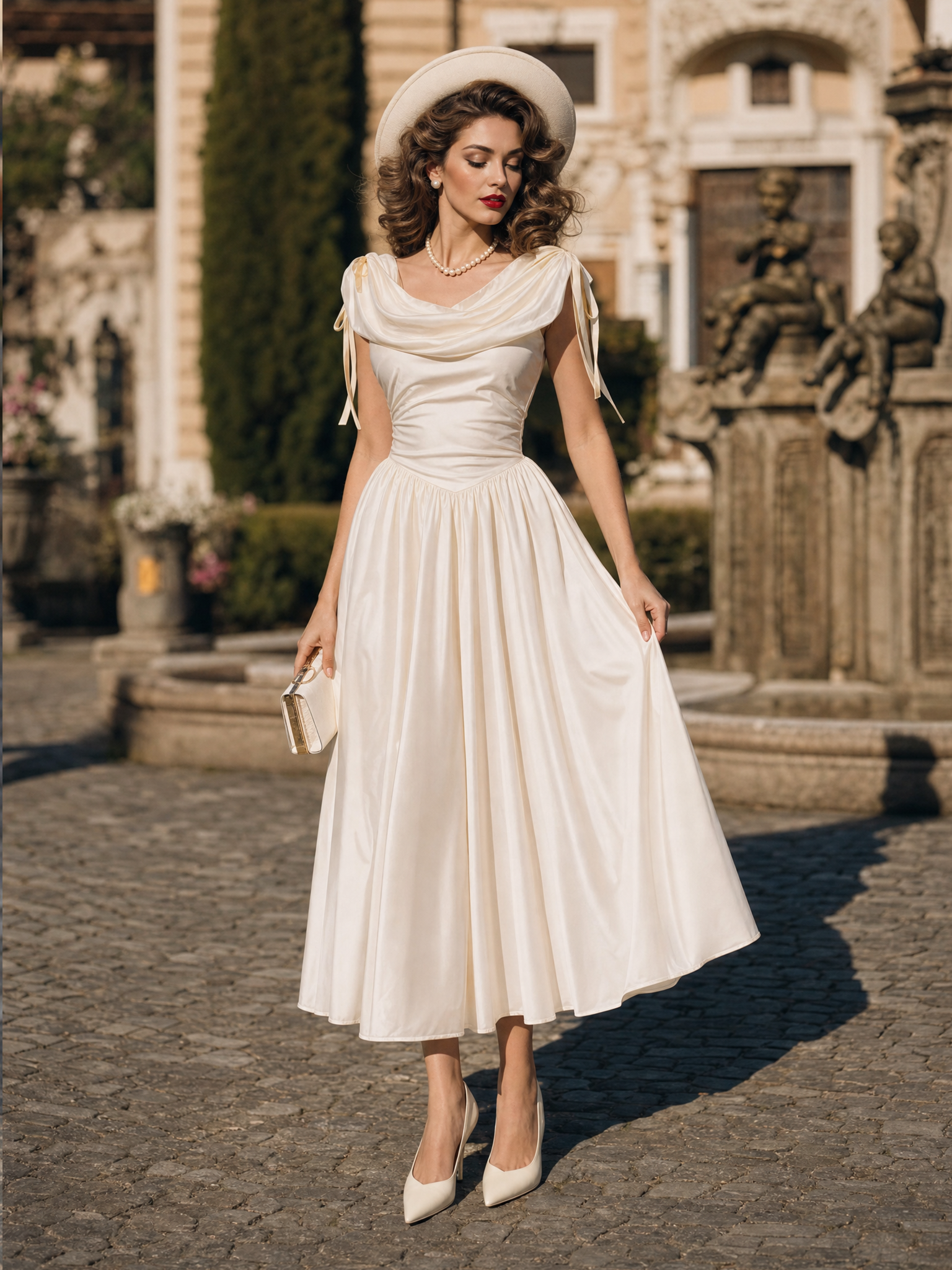 Vintage Champagne Satin Dress With Ribbon Straps Bridal Midi Dress