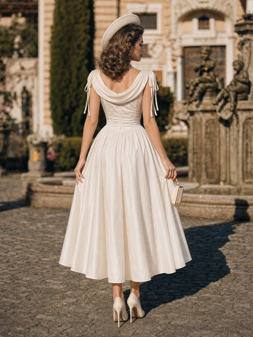 Vintage Champagne Satin Dress With Ribbon Straps Bridal Midi Dress