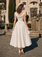 Vintage Champagne Satin Dress With Ribbon Straps Bridal Midi Dress