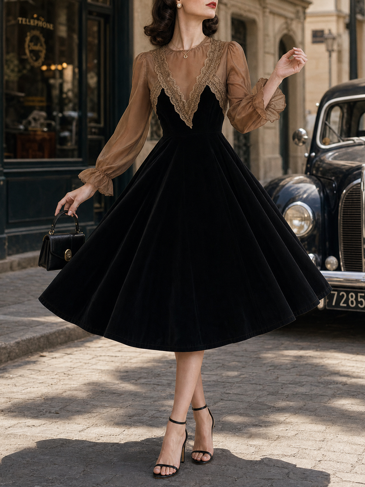 Vintage Faux Two-Piece Lace Spliced Midi Dress