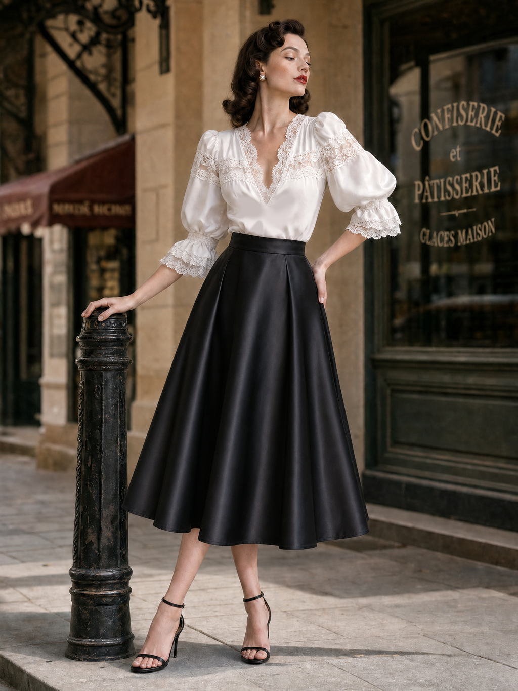 Vintage Lace Spliced V-Neck Blouse