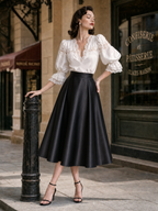 Vintage Lace Spliced V-Neck Blouse