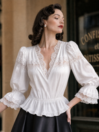 Vintage Lace Spliced V-Neck Blouse
