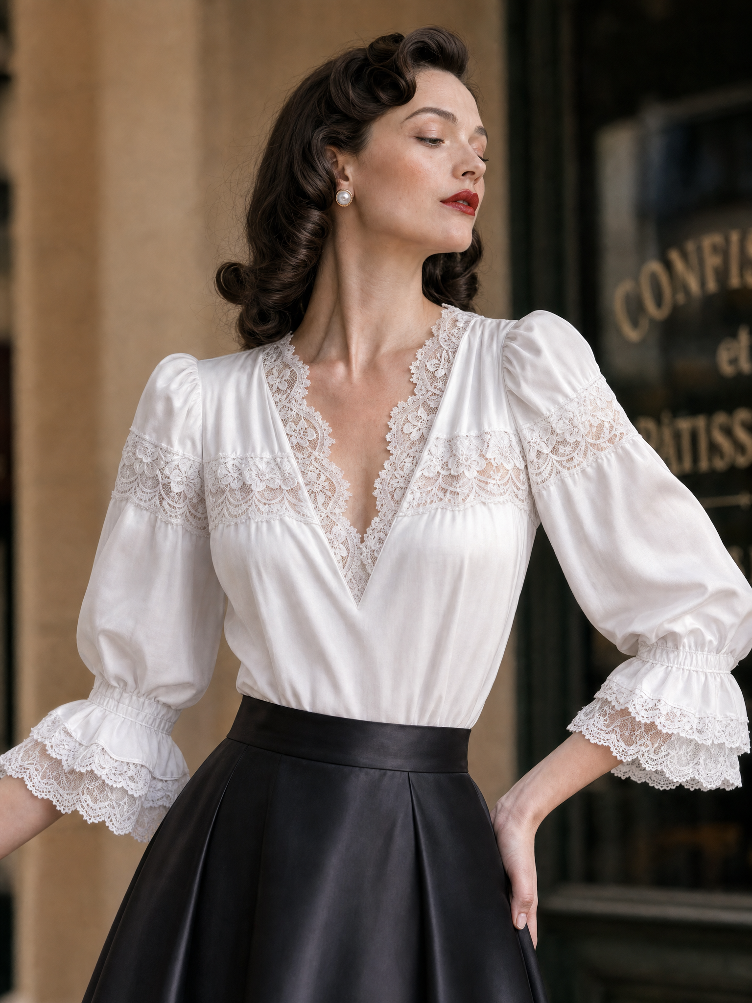 Vintage Lace Spliced V-Neck Blouse