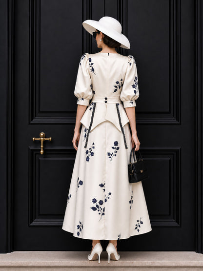 Vintage Floral Printed Waistband Maxi Dress