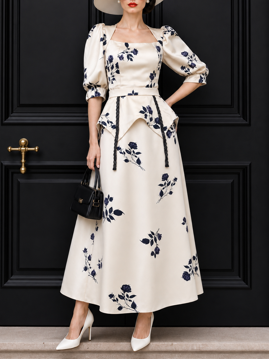 Vintage Floral Printed Waistband Maxi Dress
