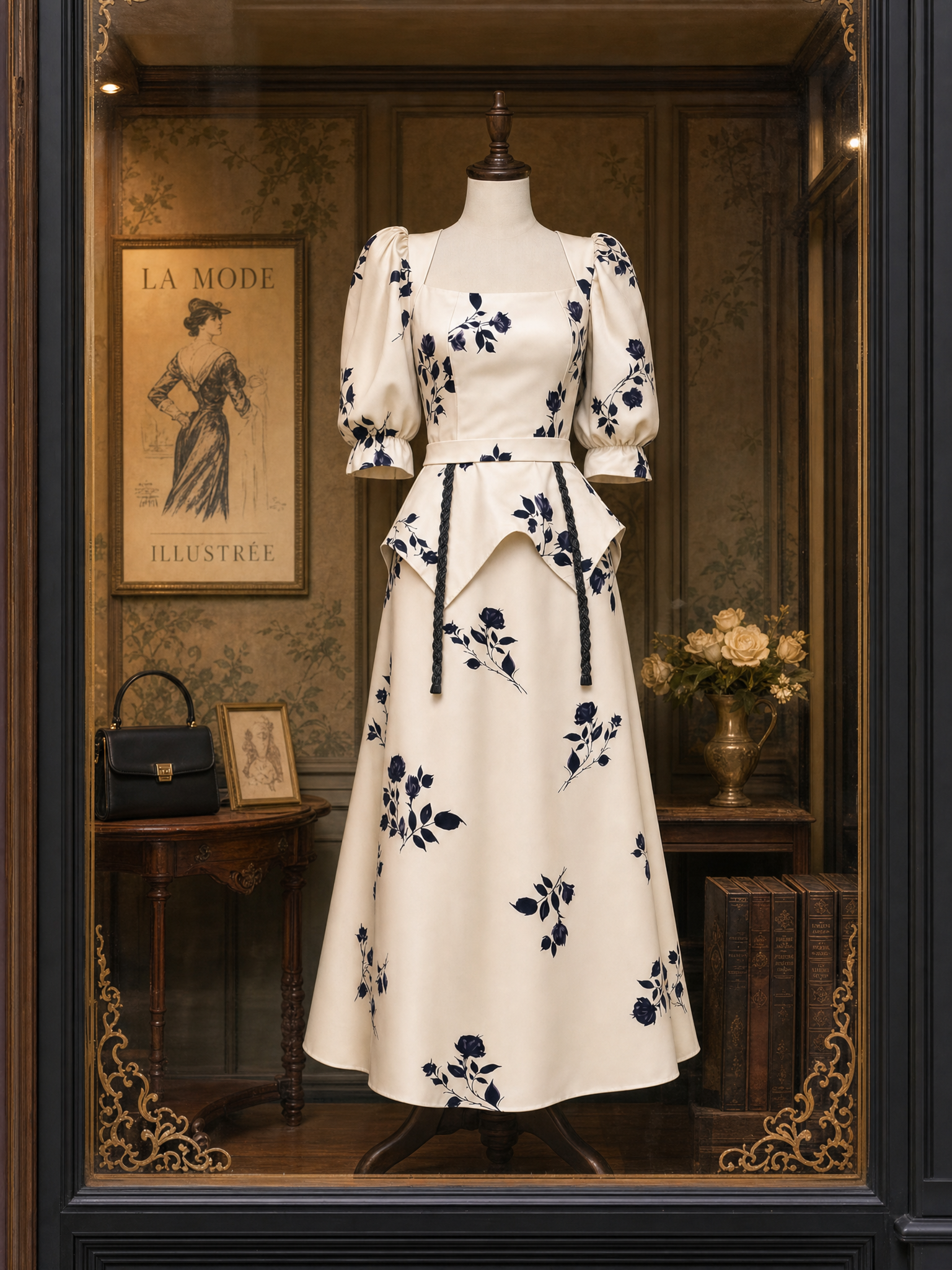 Vintage Floral Printed Waistband Maxi Dress