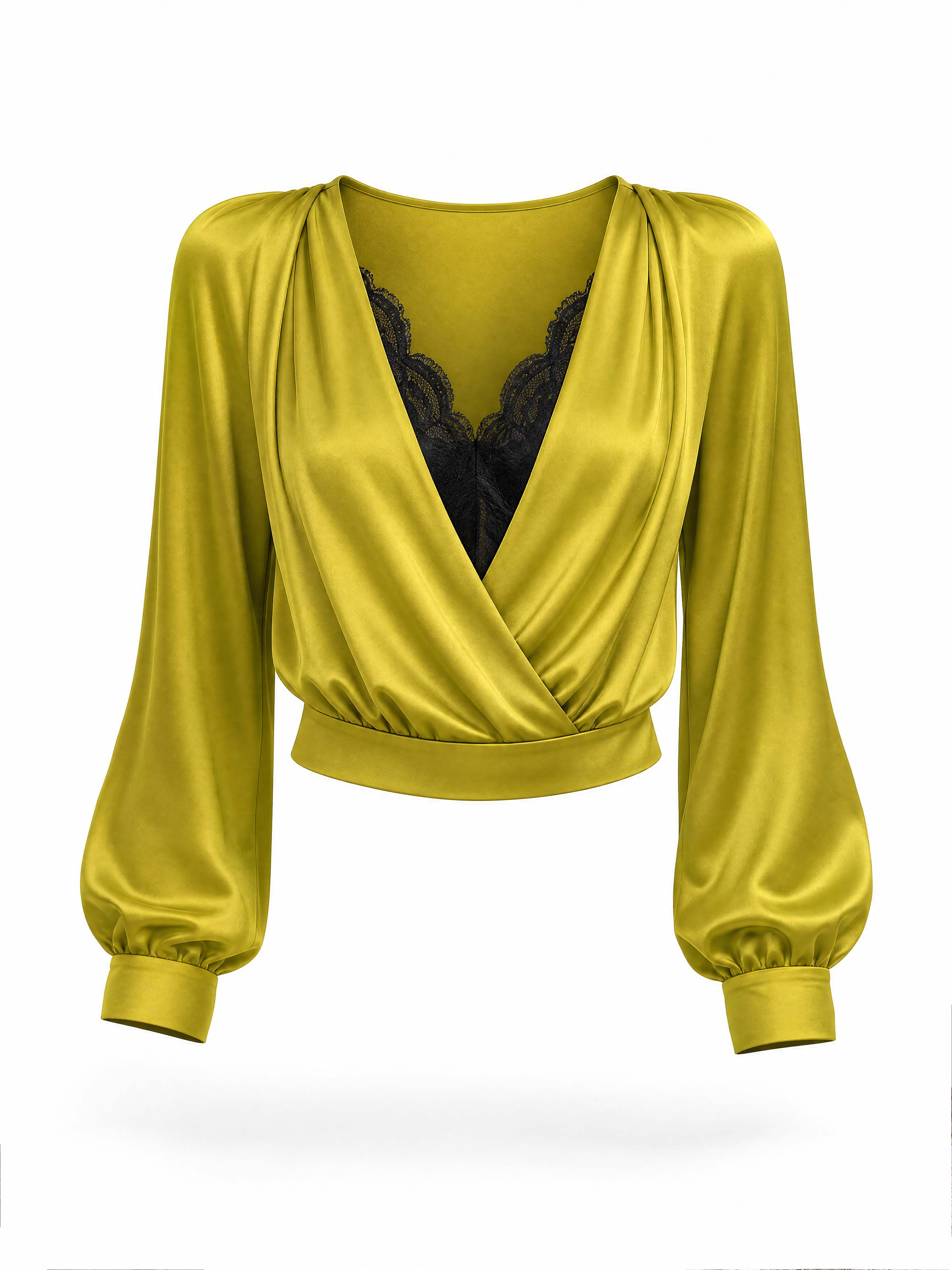 Vintage Satin Lace Fake Two-Piece V Neck Blouse