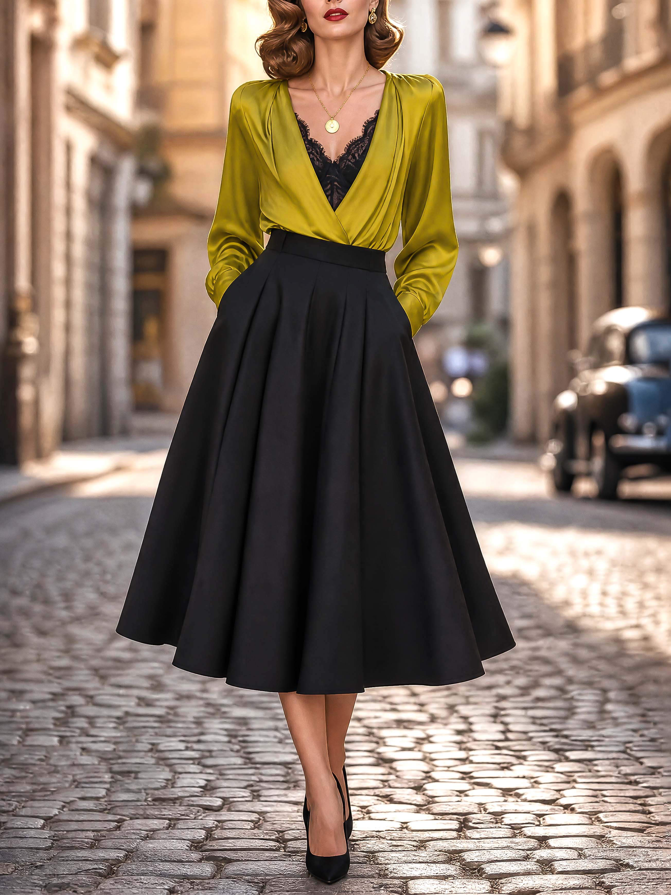 Vintage High Waist Pleated Black Midi Swing Skirt