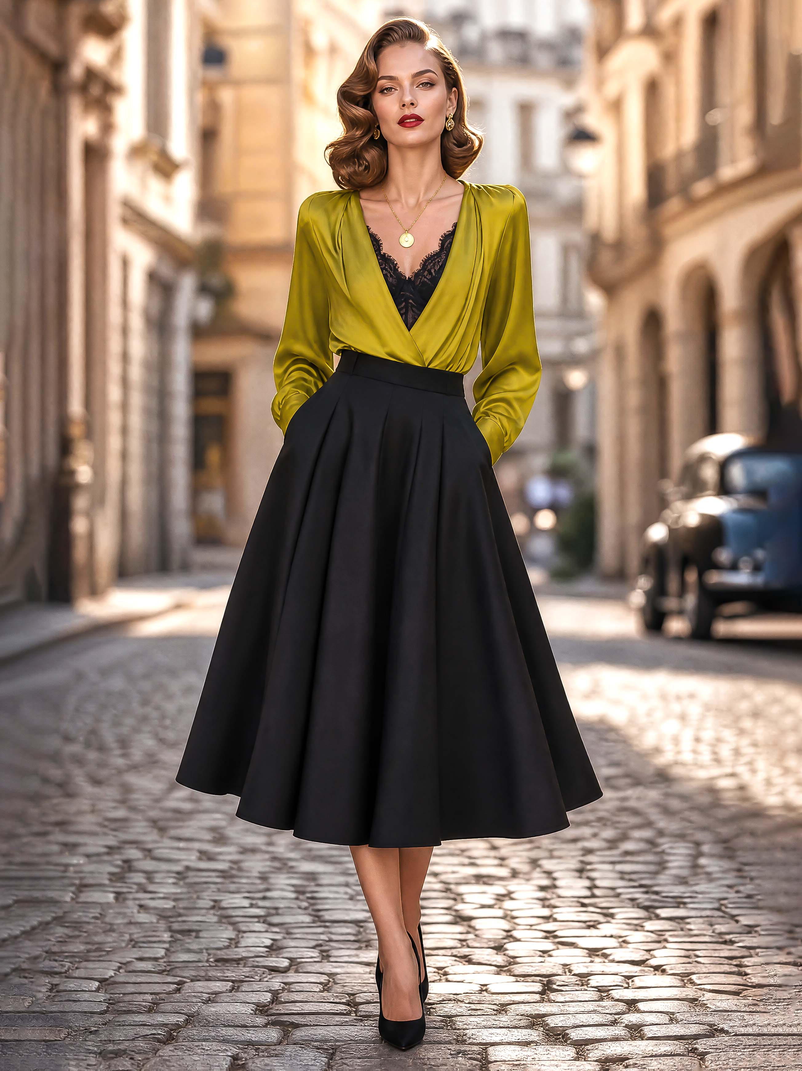 Vintage High Waist Pleated Black Midi Swing Skirt