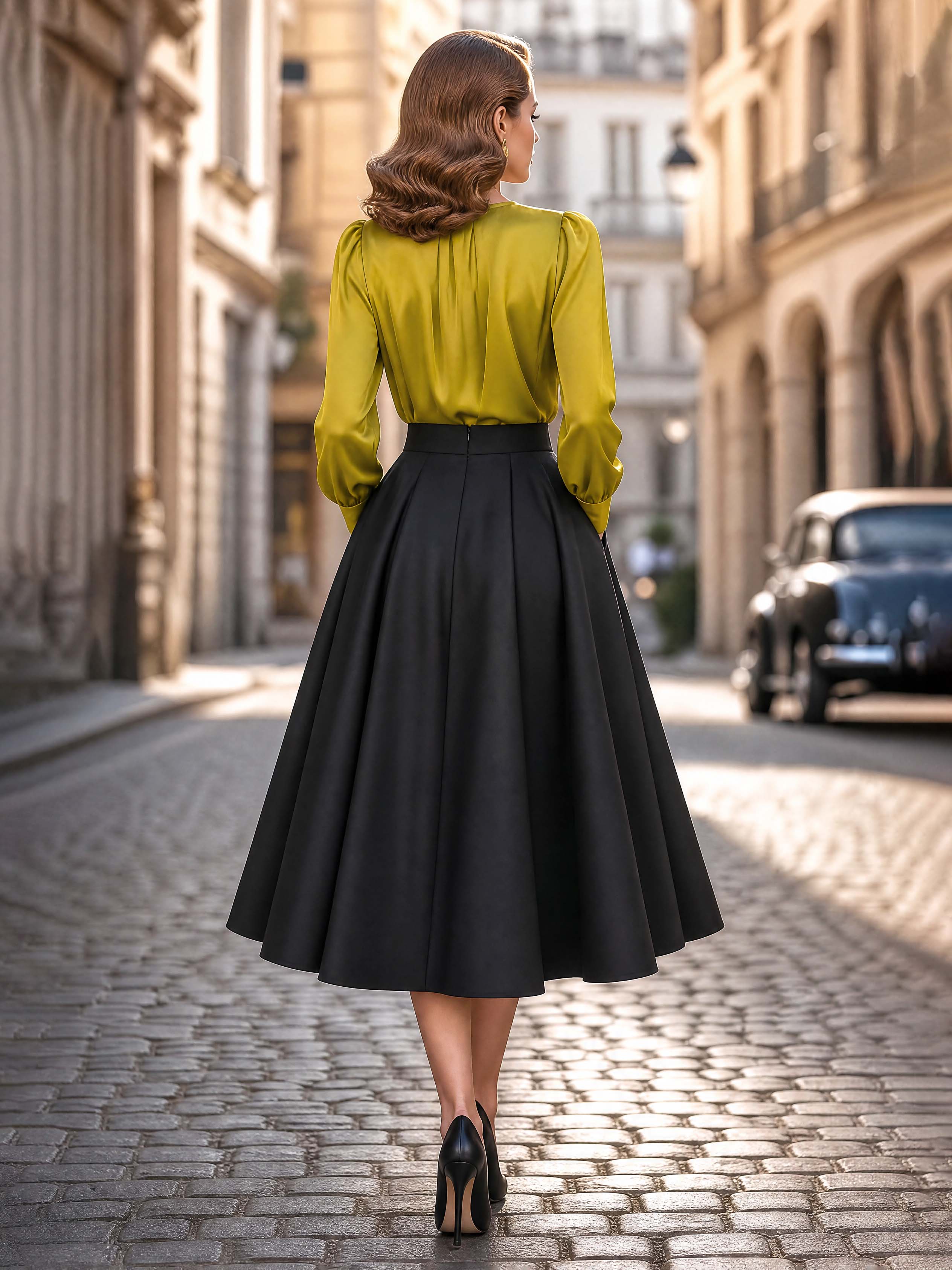 Vintage High Waist Pleated Black Midi Swing Skirt