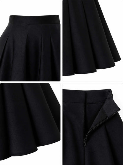 Vintage High Waist Pleated Black Midi Swing Skirt