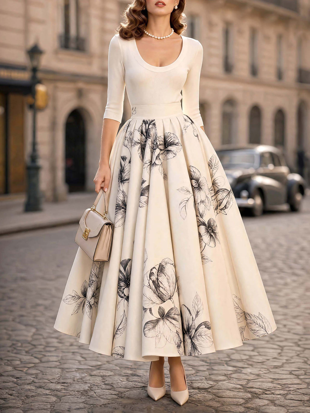 Vintage Printed High Waist Maxi Swing Skirt