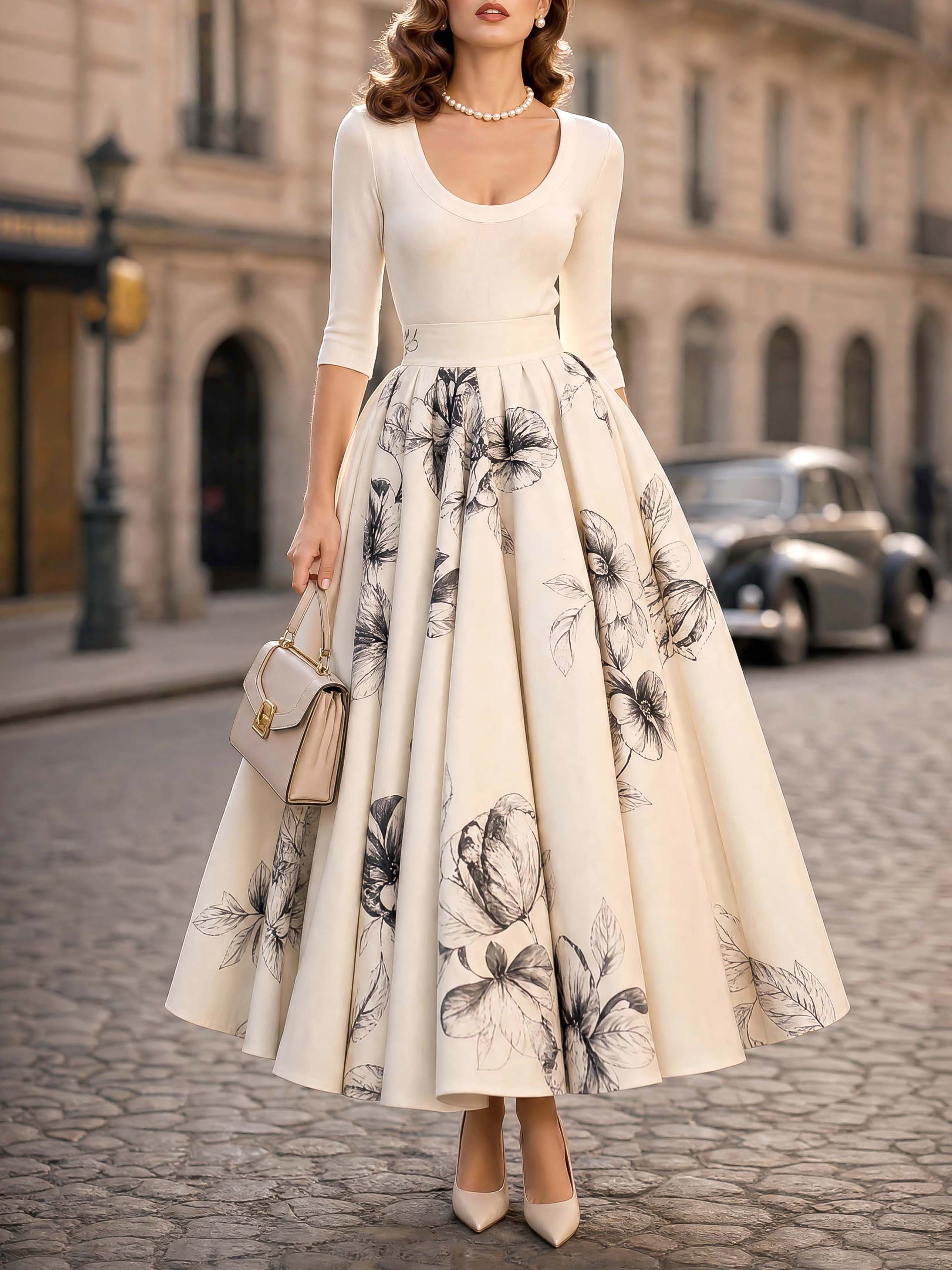 Vintage Printed High Waist Maxi Swing Skirt