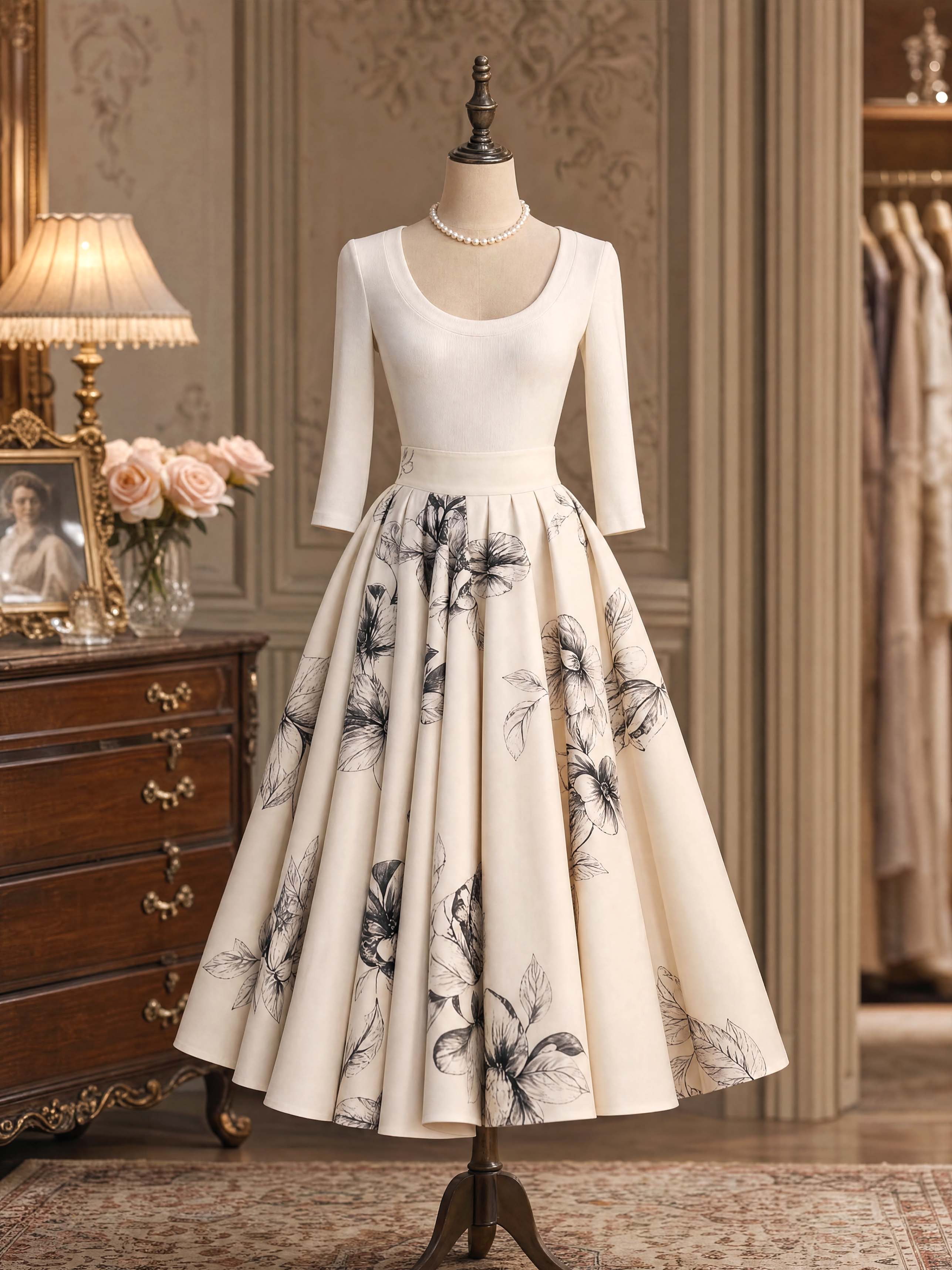 Vintage Printed High Waist Maxi Swing Skirt