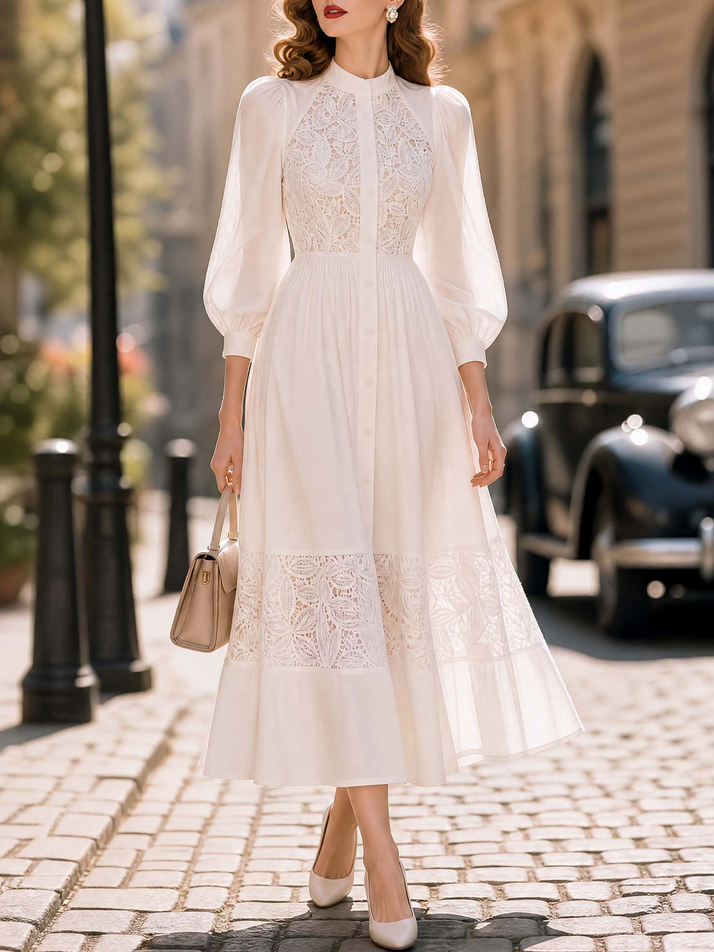 Vintage Lace Spliced Waisted Flowy Maxi Dress