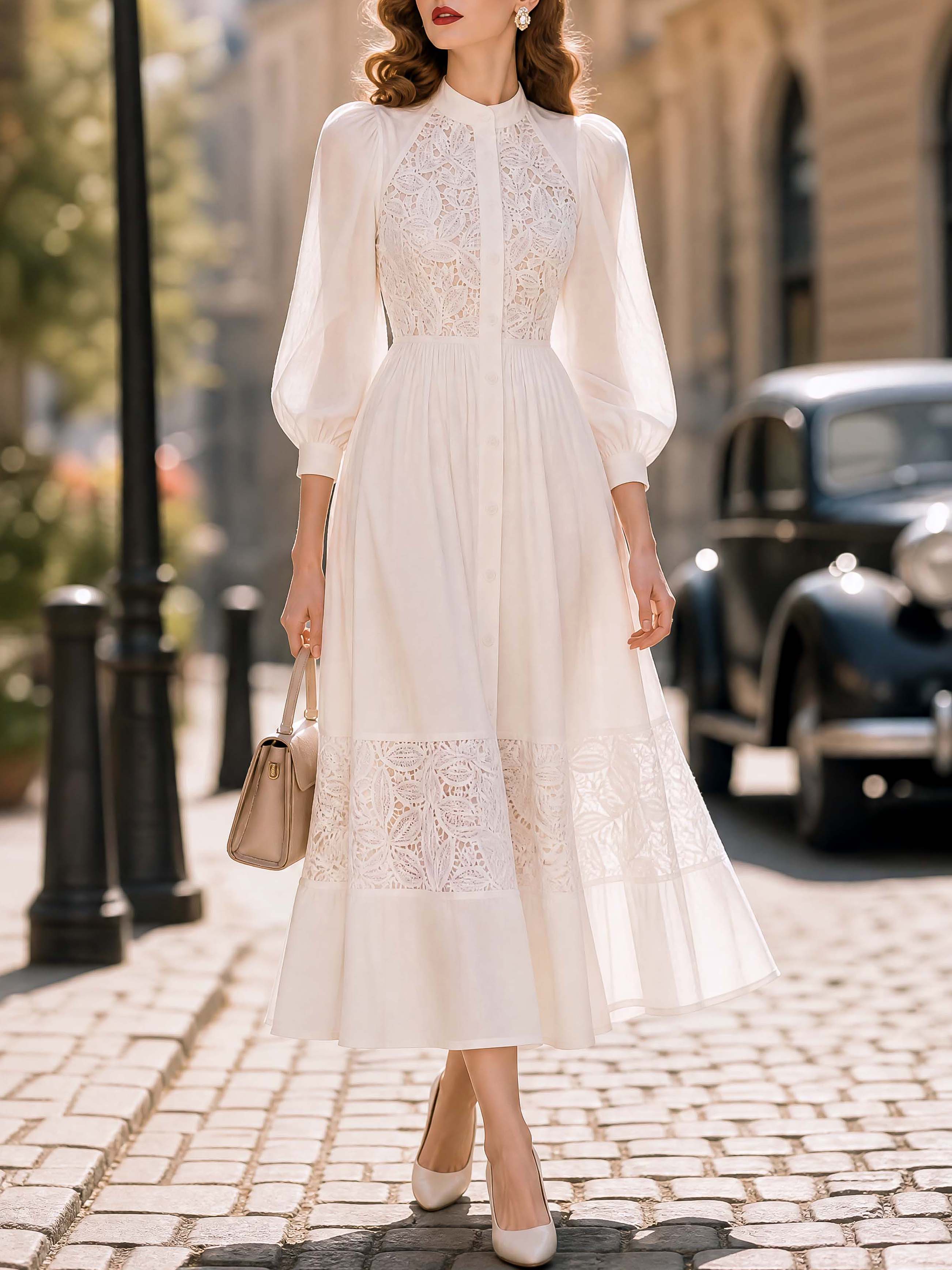 Vintage Lace Spliced Waisted Flowy Maxi Dress