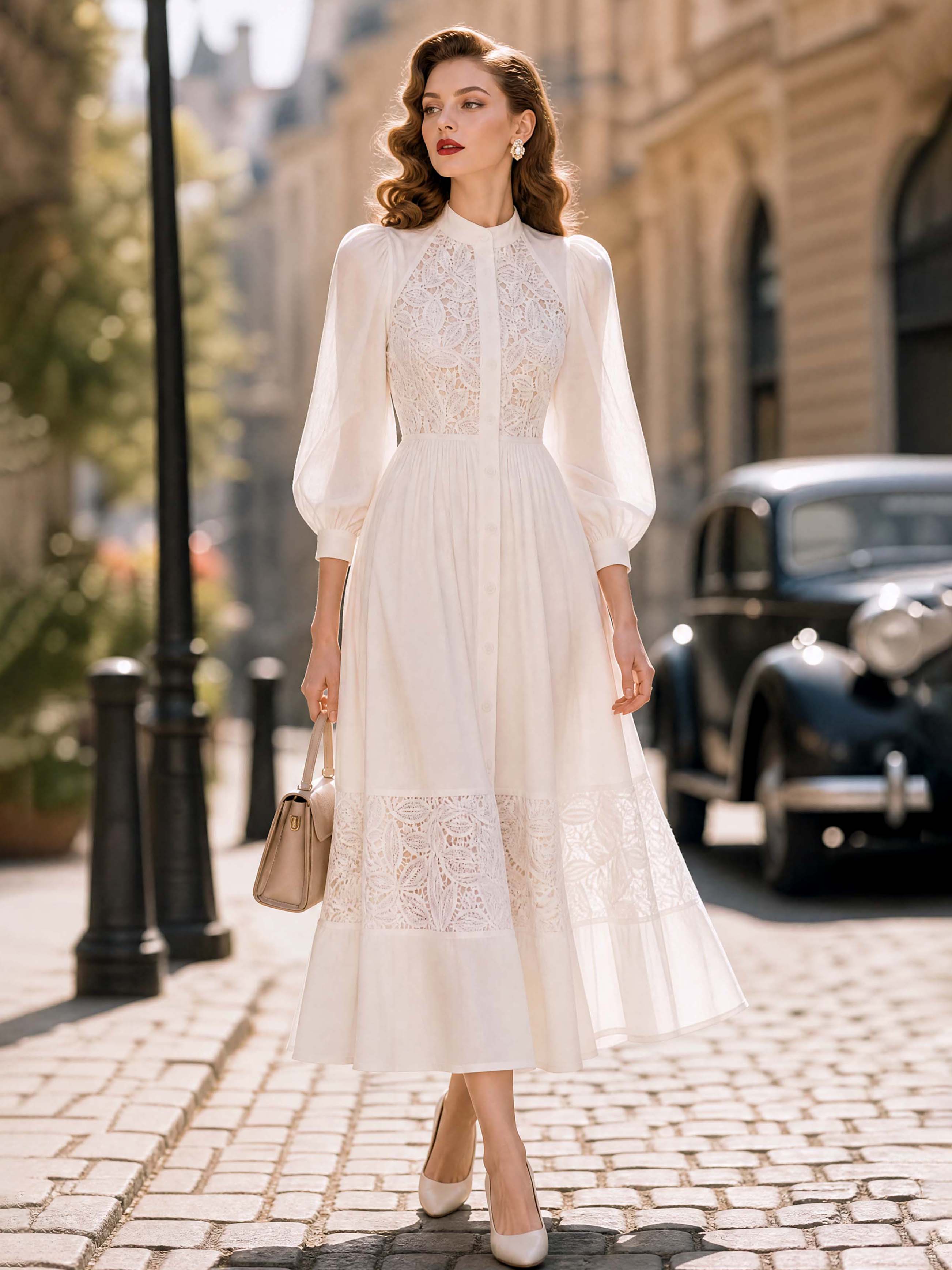 Vintage Lace Spliced Waisted Flowy Maxi Dress
