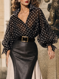 Vintage Black White Polka Dot Sheer Chiffon Wrap Blouse Puff Sleeve Shirt
