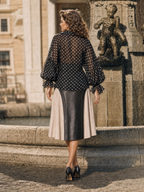 Vintage Black White Polka Dot Sheer Chiffon Wrap Blouse Puff Sleeve Shirt