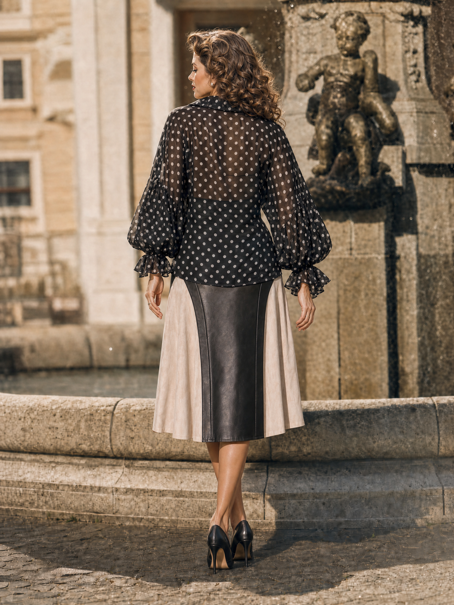 Vintage Black White Polka Dot Sheer Chiffon Wrap Blouse Puff Sleeve Shirt