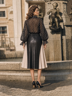 Vintage Block PU Leather High Waist B&W Swing No Belt Midi Skirt