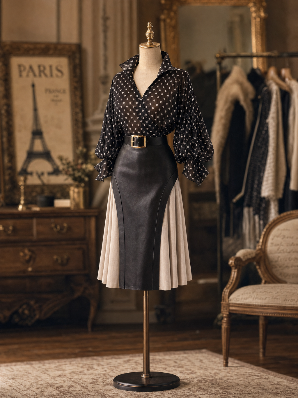 Vintage Block PU Leather High Waist B&W Swing No Belt Midi Skirt
