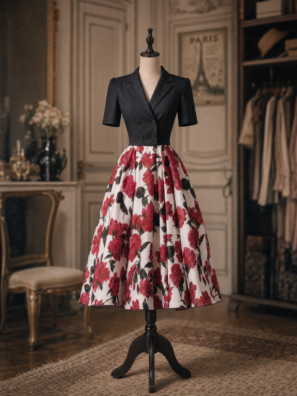 Vintage Black Blazer Red Rose Print Swing No Belt Midi Dress