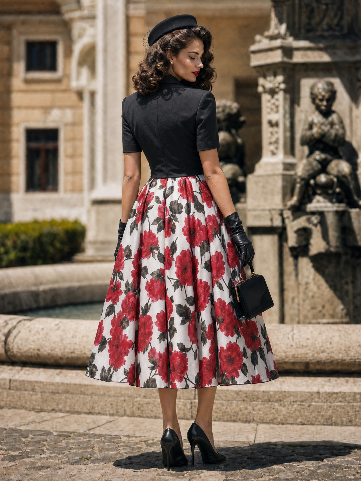 Vintage Black Blazer Red Rose Print Swing No Belt Midi Dress