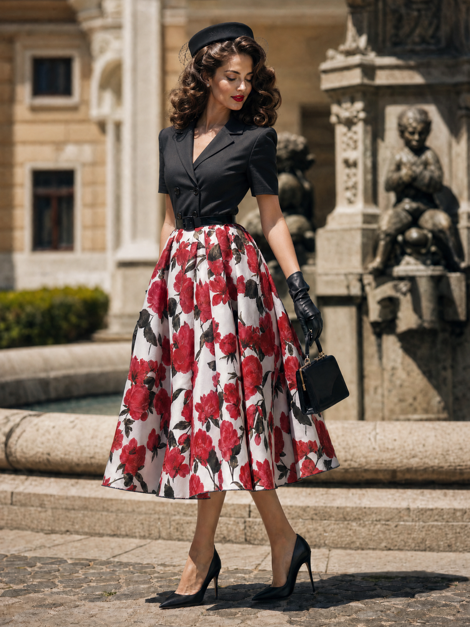 Vintage Black Blazer Red Rose Print Swing No Belt Midi Dress