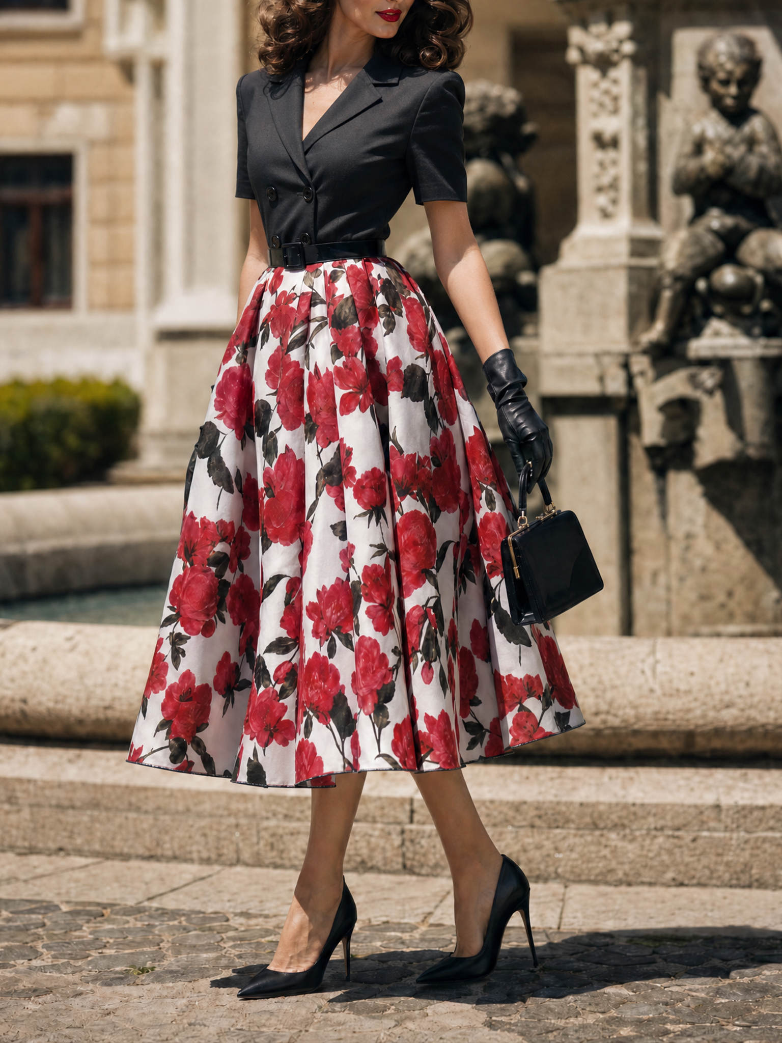 Vintage Black Blazer Red Rose Print Swing No Belt Midi Dress