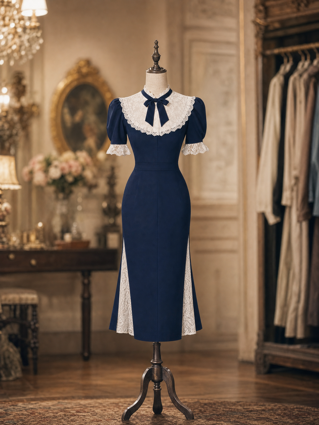 Vintage Navy Lace Spliced Bow Tie Waist-Cinched Slit Midi Dress