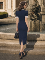 Vintage Navy Lace Spliced Bow Tie Waist-Cinched Slit Midi Dress