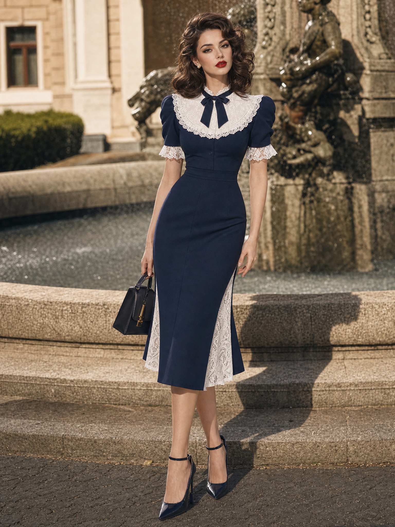 Vintage Navy Lace Spliced Bow Tie Waist-Cinched Slit Midi Dress
