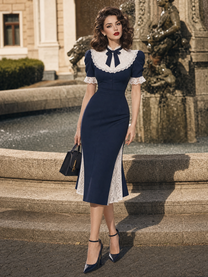 Vintage Navy Lace Spliced Bow Tie Waist-Cinched Slit Midi Dress