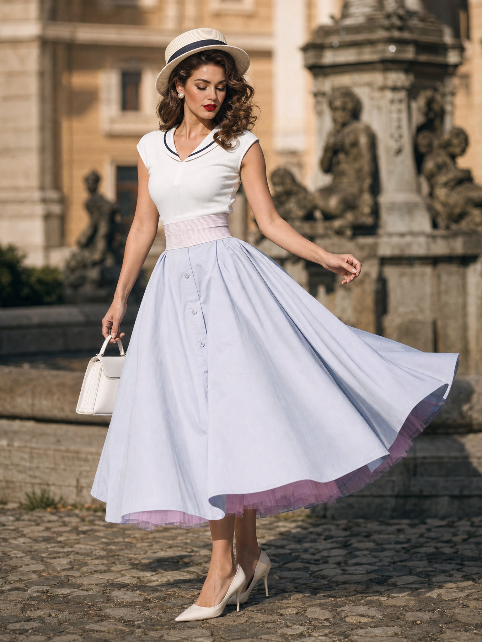 Vintage Sailor Collar Top Light Blue Tulle Lining Swing Midi Dress
