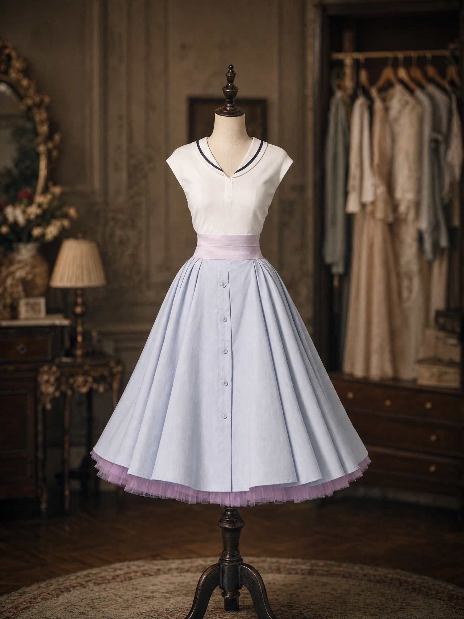 Vintage Sailor Collar Top Light Blue Tulle Lining Swing Midi Dress