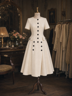 Vintage Cream Round Neck Button Front Split Midi Dress