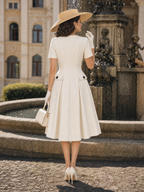 Vintage Cream Round Neck Button Front Split Midi Dress